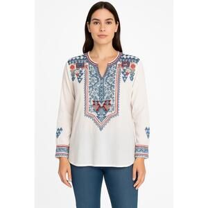 NWT Johnny Was Blouse Womens Small Multicolor Embroidered Tunic Boho Long Sleeve